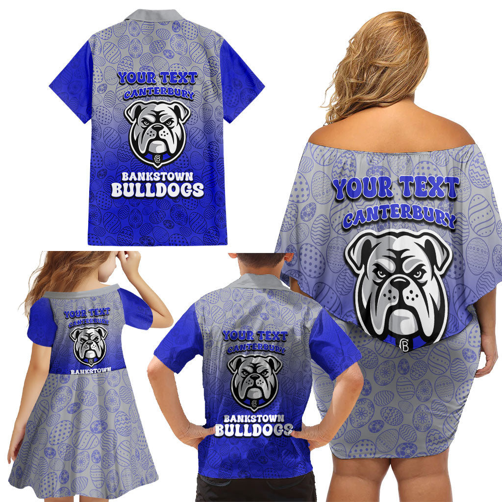Personalized Canterbury-Bankstown Bulldogs Family Matching Off Shoulder Short Dress and Hawaiian Shirt Easter Mascot - Colorful Eggs Cartoon Style