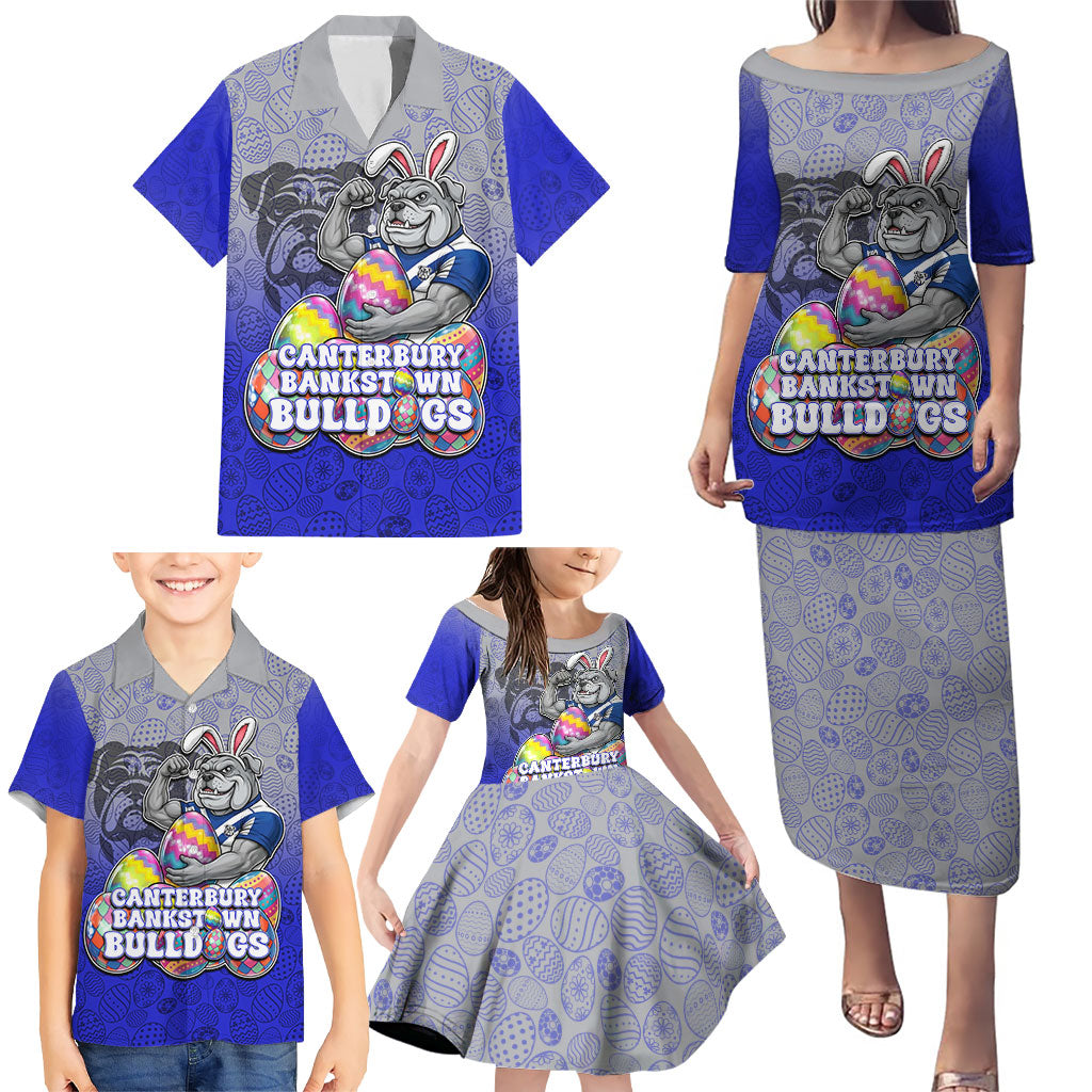 Personalized Canterbury-Bankstown Bulldogs Family Matching Puletasi and Hawaiian Shirt Easter Mascot - Colorful Eggs Cartoon Style