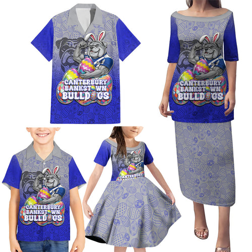 Personalized Canterbury-Bankstown Bulldogs Family Matching Puletasi and Hawaiian Shirt Easter Mascot - Colorful Eggs Cartoon Style
