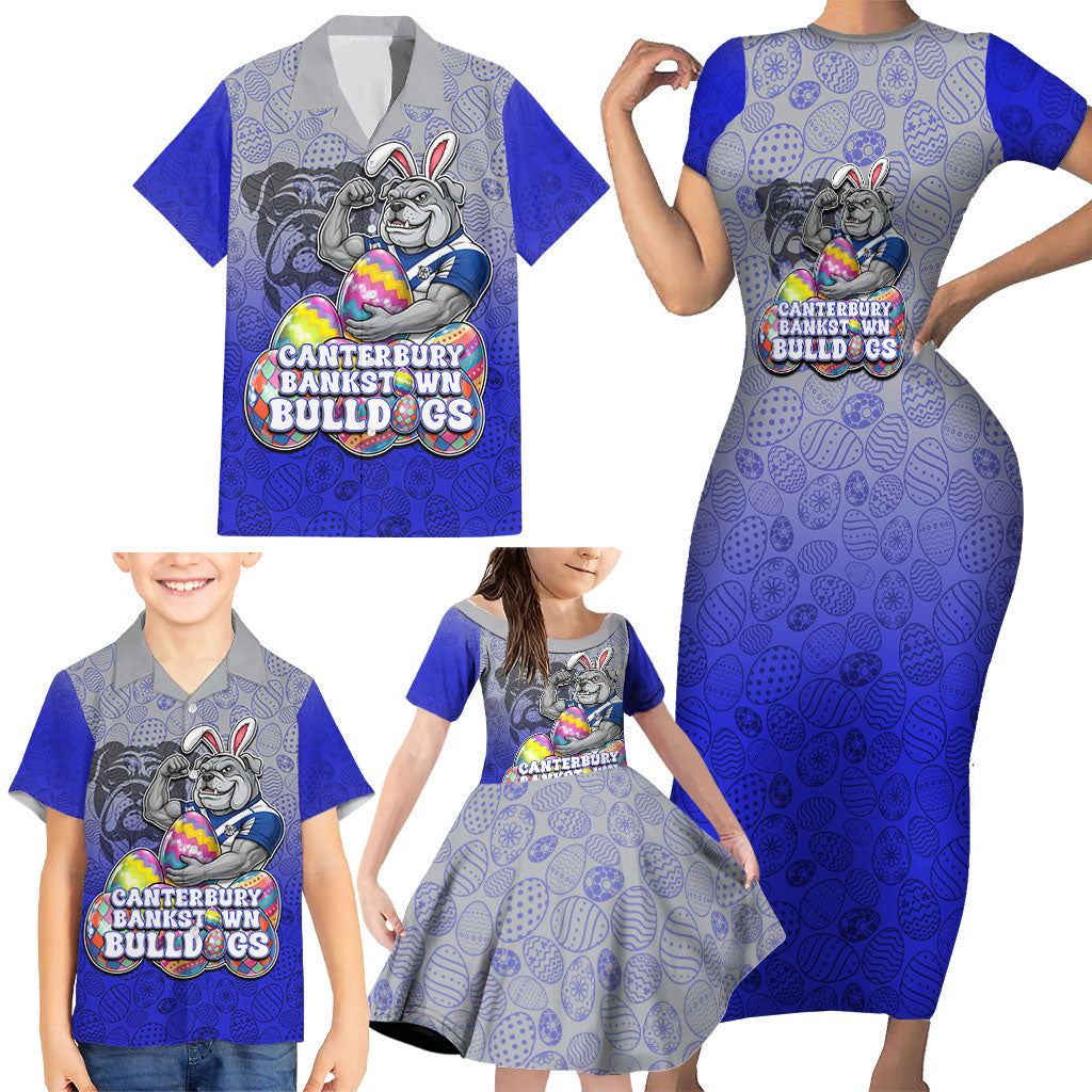 Personalized Canterbury-Bankstown Bulldogs Family Matching Short Sleeve Bodycon Dress and Hawaiian Shirt Easter Mascot - Colorful Eggs Cartoon Style