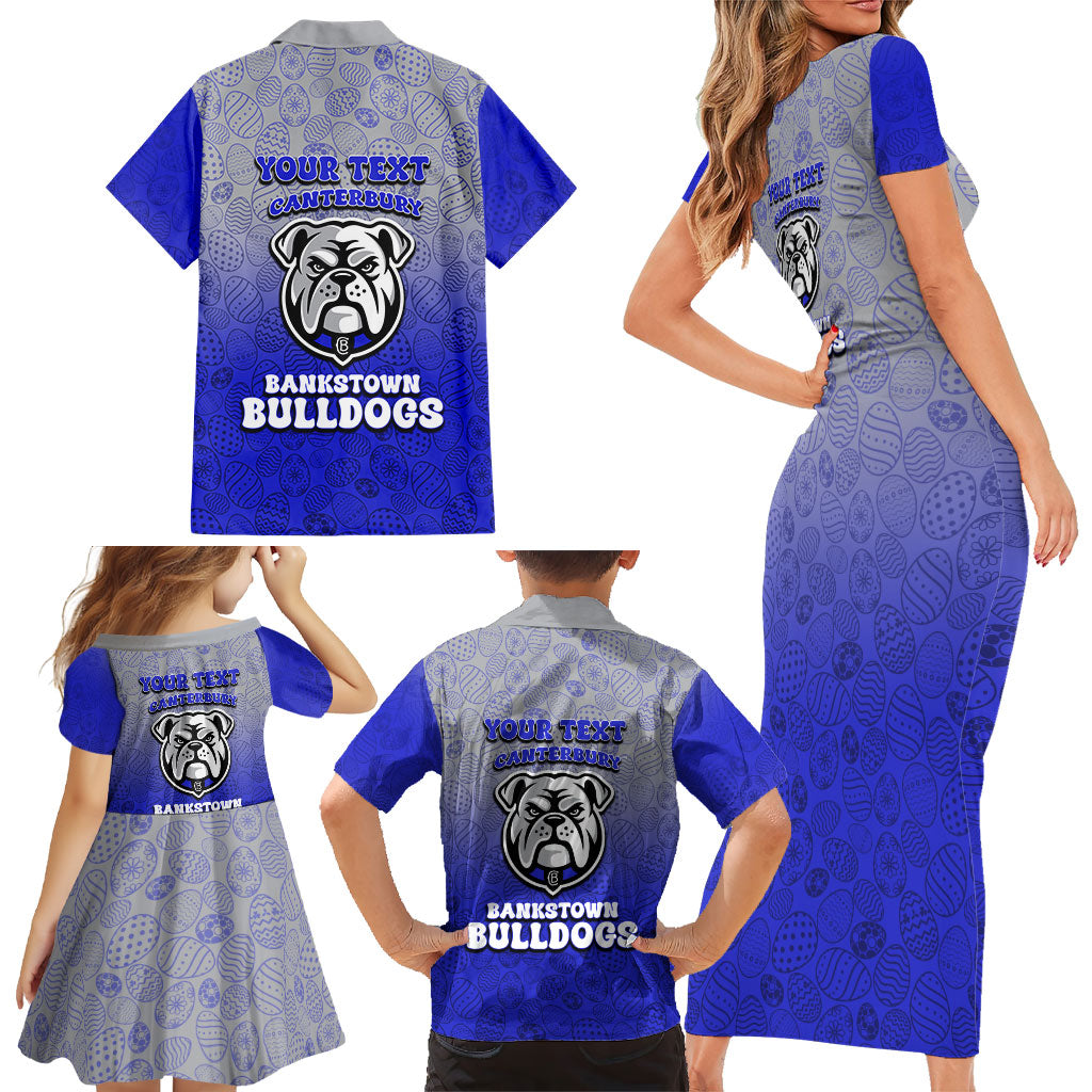 Personalized Canterbury-Bankstown Bulldogs Family Matching Short Sleeve Bodycon Dress and Hawaiian Shirt Easter Mascot - Colorful Eggs Cartoon Style