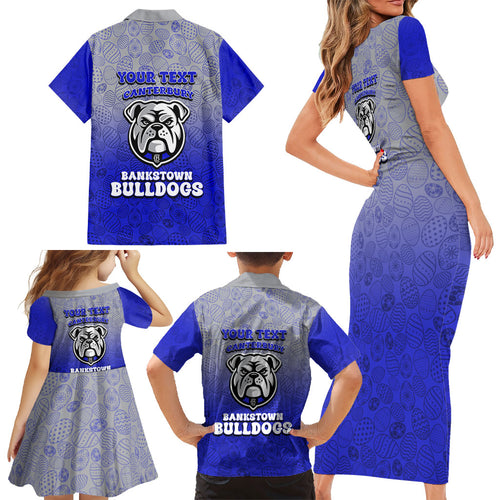 Personalized Canterbury-Bankstown Bulldogs Family Matching Short Sleeve Bodycon Dress and Hawaiian Shirt Easter Mascot - Colorful Eggs Cartoon Style