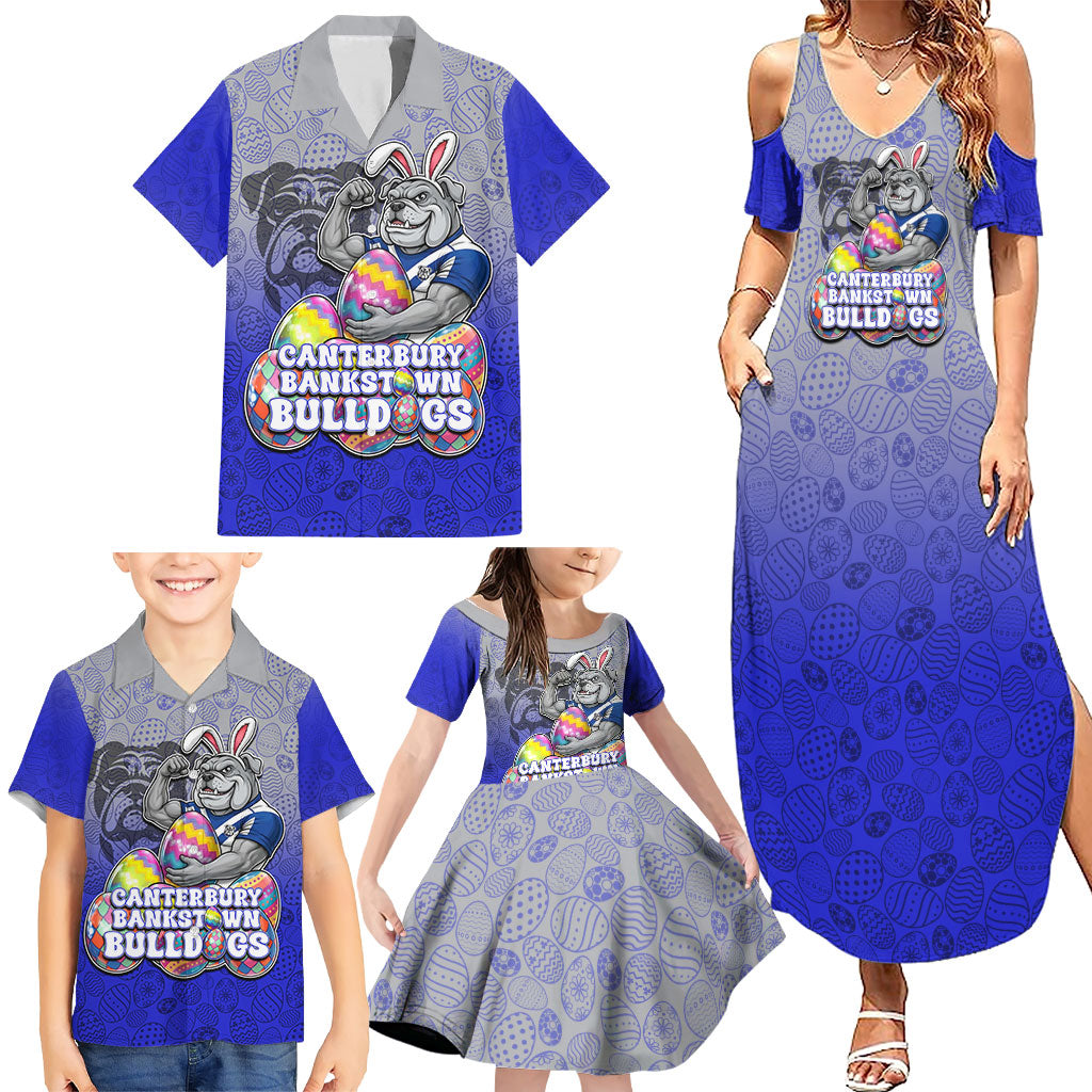 Personalized Canterbury-Bankstown Bulldogs Family Matching Summer Maxi Dress and Hawaiian Shirt Easter Mascot - Colorful Eggs Cartoon Style