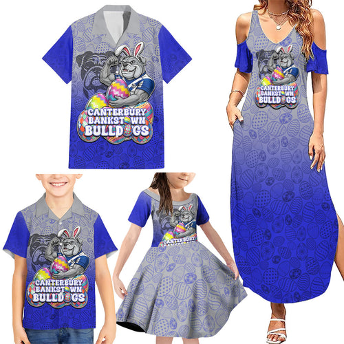 Personalized Canterbury-Bankstown Bulldogs Family Matching Summer Maxi Dress and Hawaiian Shirt Easter Mascot - Colorful Eggs Cartoon Style