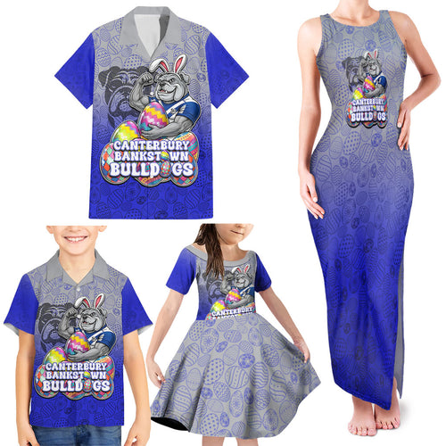 Personalized Canterbury-Bankstown Bulldogs Family Matching Tank Maxi Dress and Hawaiian Shirt Easter Mascot - Colorful Eggs Cartoon Style