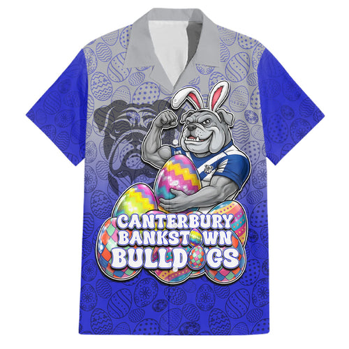 Personalized Canterbury-Bankstown Bulldogs Family Matching Tank Maxi Dress and Hawaiian Shirt Easter Mascot - Colorful Eggs Cartoon Style