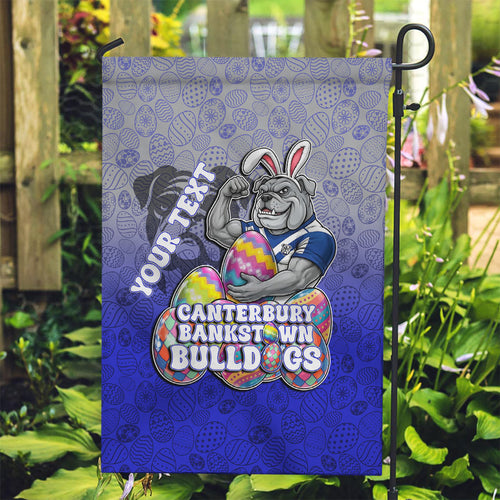 Personalized Canterbury-Bankstown Bulldogs Garden Flag Easter Mascot - Colorful Eggs Cartoon Style