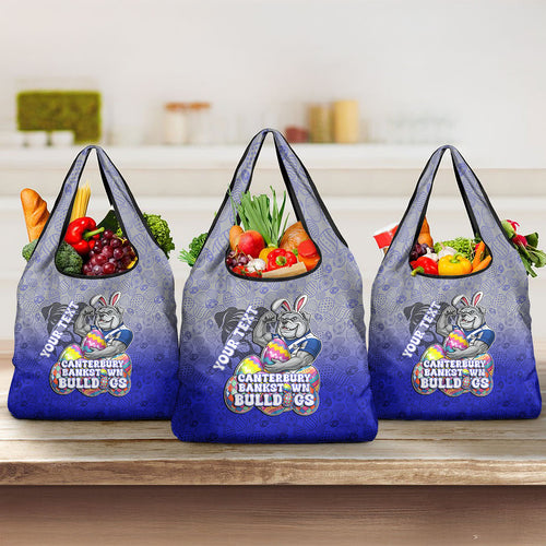 Personalized Canterbury-Bankstown Bulldogs Grocery Bag Easter Mascot - Colorful Eggs Cartoon Style