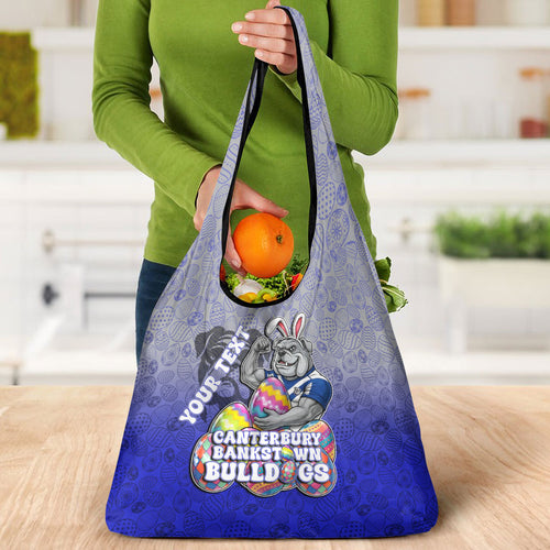 Personalized Canterbury-Bankstown Bulldogs Grocery Bag Easter Mascot - Colorful Eggs Cartoon Style