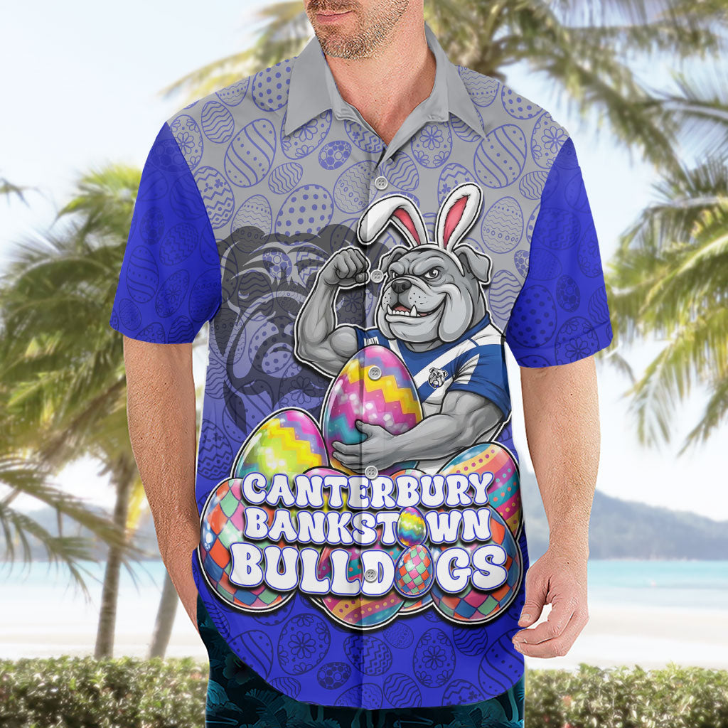 Personalized Canterbury-Bankstown Bulldogs Hawaiian Shirt Easter Mascot - Colorful Eggs Cartoon Style