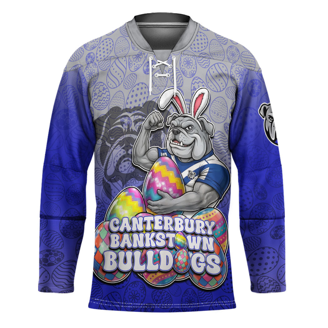 Personalized Canterbury-Bankstown Bulldogs Hockey Jersey Easter Mascot - Colorful Eggs Cartoon Style