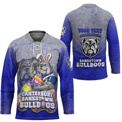 Personalized Canterbury-Bankstown Bulldogs Hockey Jersey Easter Mascot - Colorful Eggs Cartoon Style