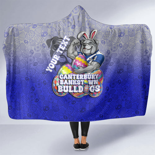 Personalized Canterbury-Bankstown Bulldogs Hooded Blanket Easter Mascot - Colorful Eggs Cartoon Style
