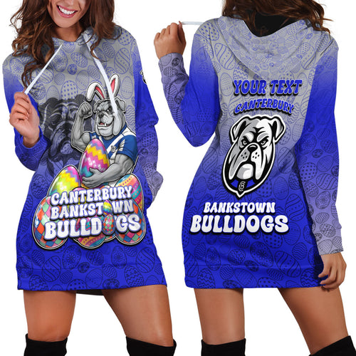 Personalized Canterbury-Bankstown Bulldogs Hoodie Dress Easter Mascot - Colorful Eggs Cartoon Style