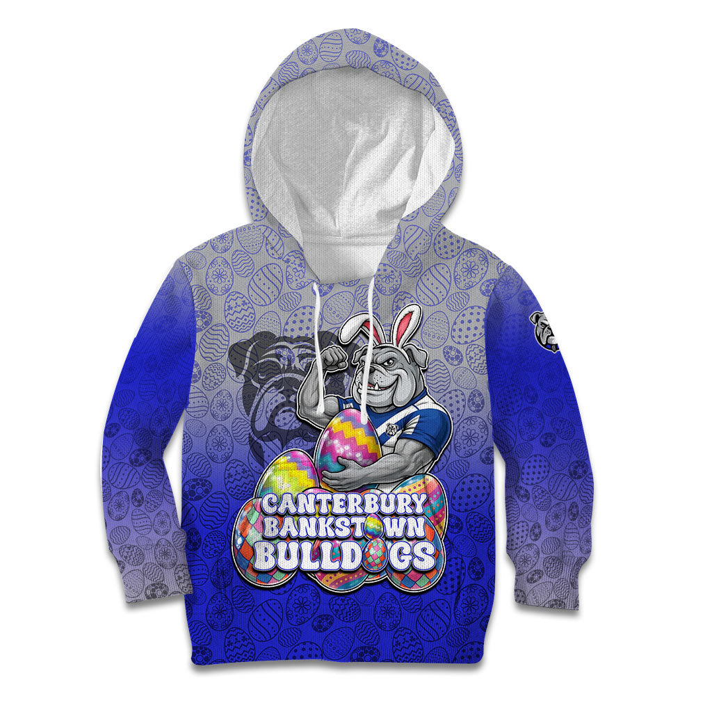 Personalized Canterbury-Bankstown Bulldogs Kid Hoodie Easter Mascot - Colorful Eggs Cartoon Style