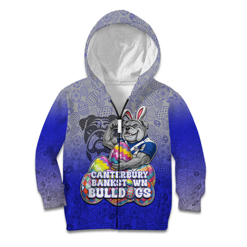Personalized Canterbury-Bankstown Bulldogs Kid Hoodie Easter Mascot - Colorful Eggs Cartoon Style