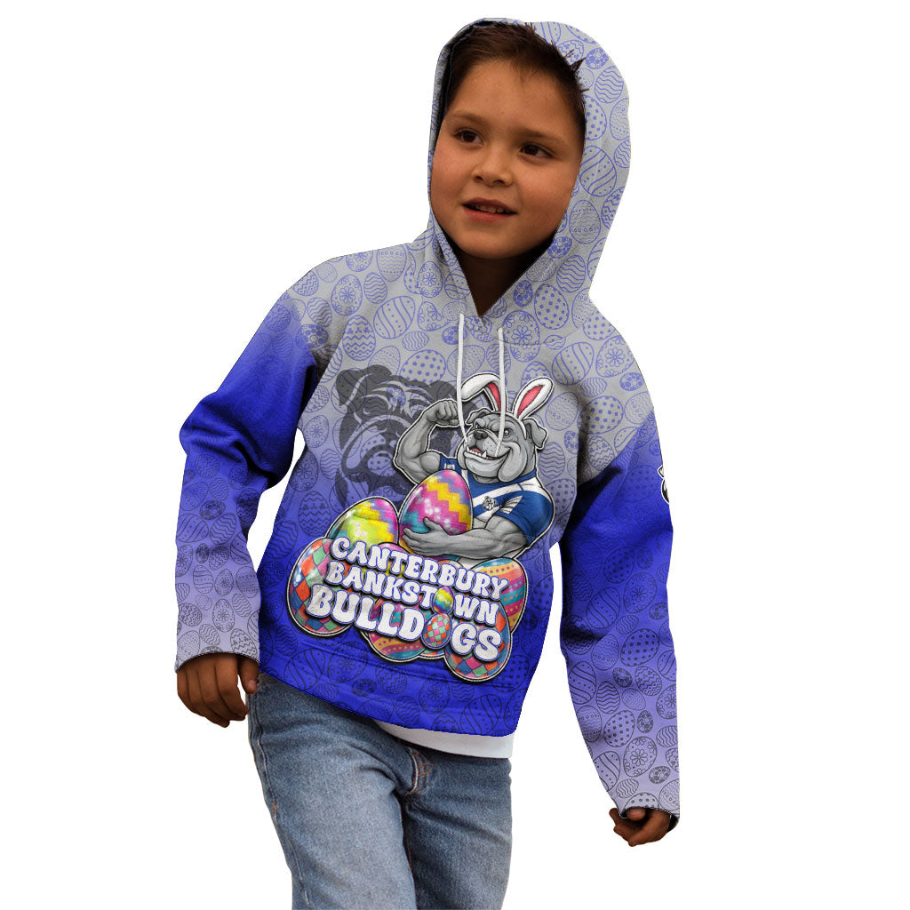 Personalized Canterbury-Bankstown Bulldogs Kid Hoodie Easter Mascot - Colorful Eggs Cartoon Style