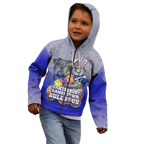 Personalized Canterbury-Bankstown Bulldogs Kid Hoodie Easter Mascot - Colorful Eggs Cartoon Style