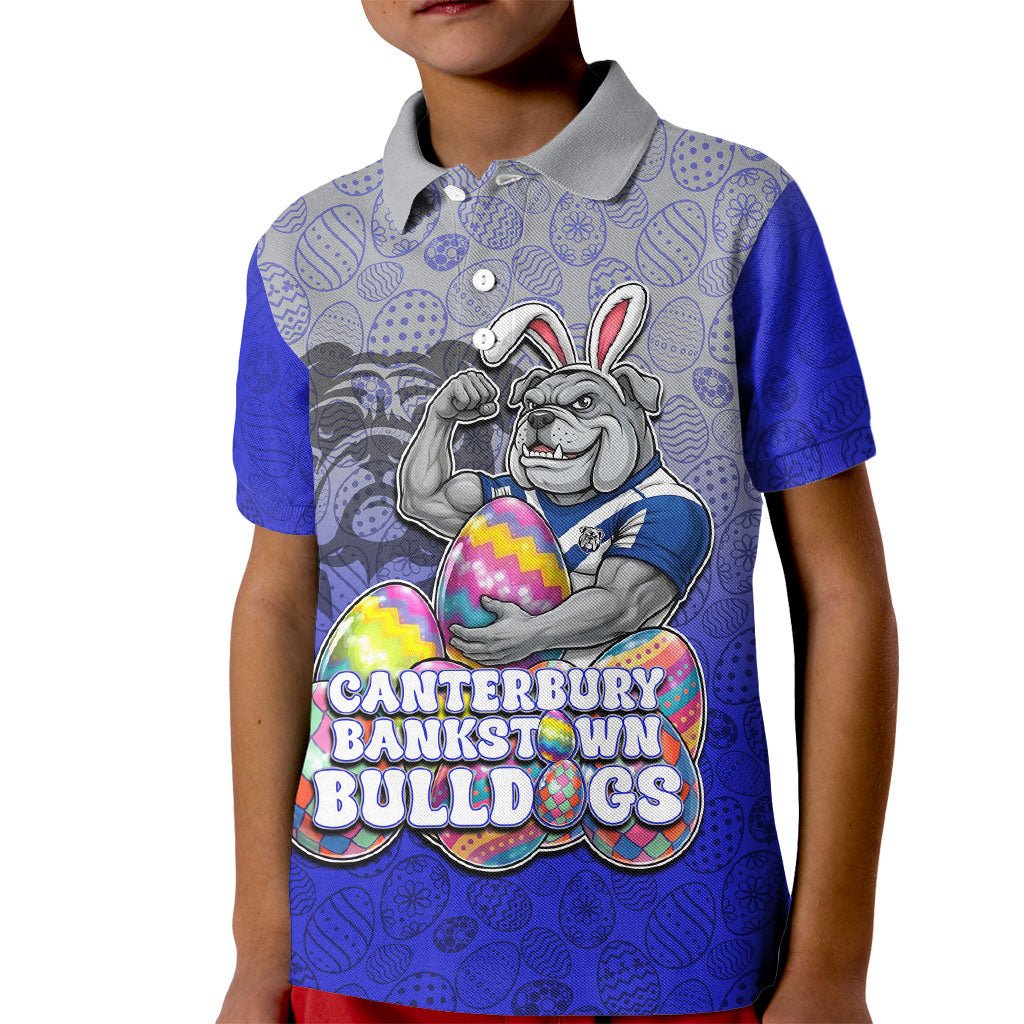 Personalized Canterbury-Bankstown Bulldogs Kid Polo Shirt Easter Mascot - Colorful Eggs Cartoon Style