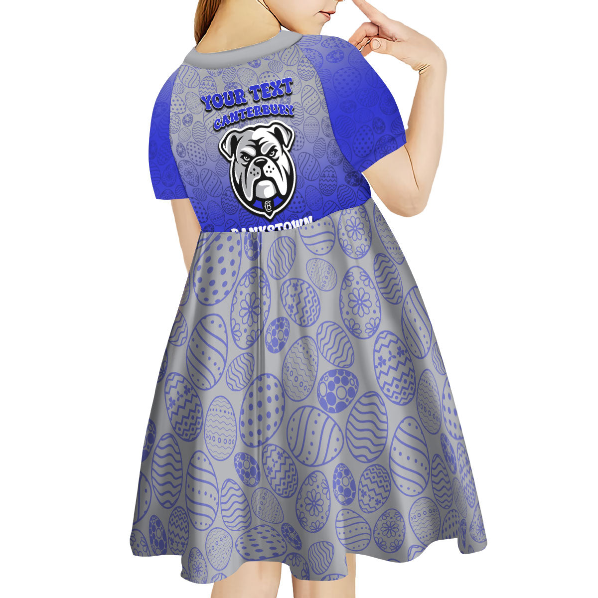 Personalized Canterbury-Bankstown Bulldogs Kid Short Sleeve Dress Easter Mascot - Colorful Eggs Cartoon Style