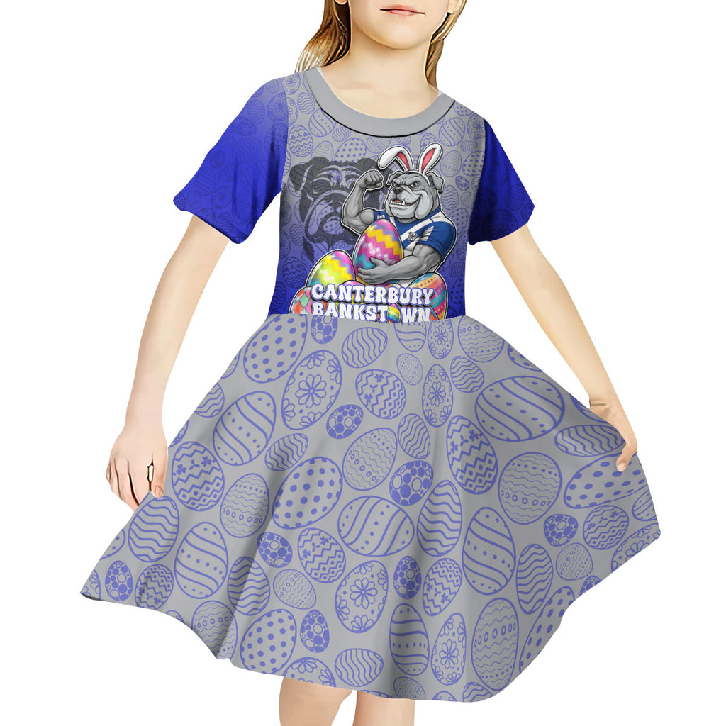 Personalized Canterbury-Bankstown Bulldogs Kid Short Sleeve Dress Easter Mascot - Colorful Eggs Cartoon Style