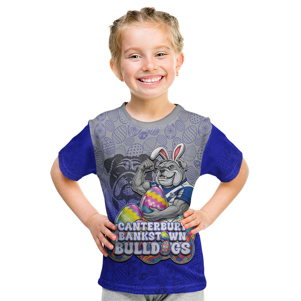 Personalized Canterbury-Bankstown Bulldogs Kid T Shirt Easter Mascot - Colorful Eggs Cartoon Style