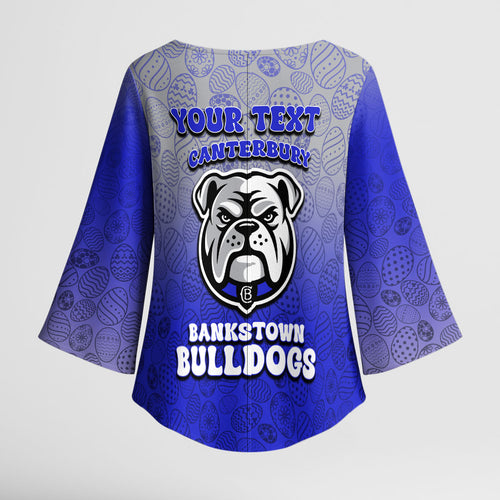 Personalized Canterbury-Bankstown Bulldogs Kimono Sleeve Blouse Easter Mascot - Colorful Eggs Cartoon Style