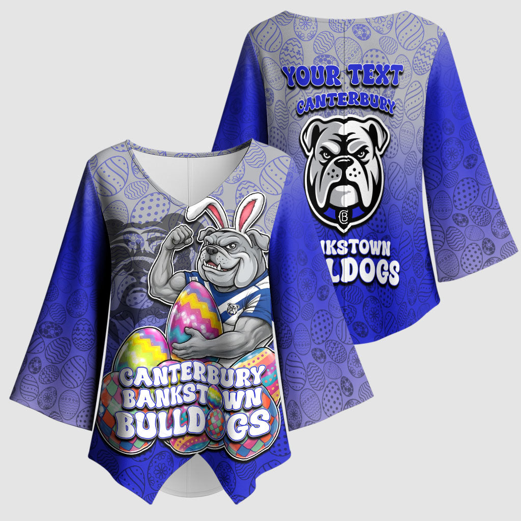Personalized Canterbury-Bankstown Bulldogs Kimono Sleeve Blouse Easter Mascot - Colorful Eggs Cartoon Style