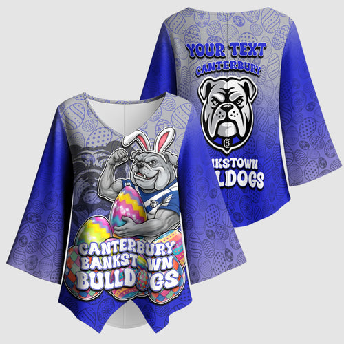 Personalized Canterbury-Bankstown Bulldogs Kimono Sleeve Blouse Easter Mascot - Colorful Eggs Cartoon Style