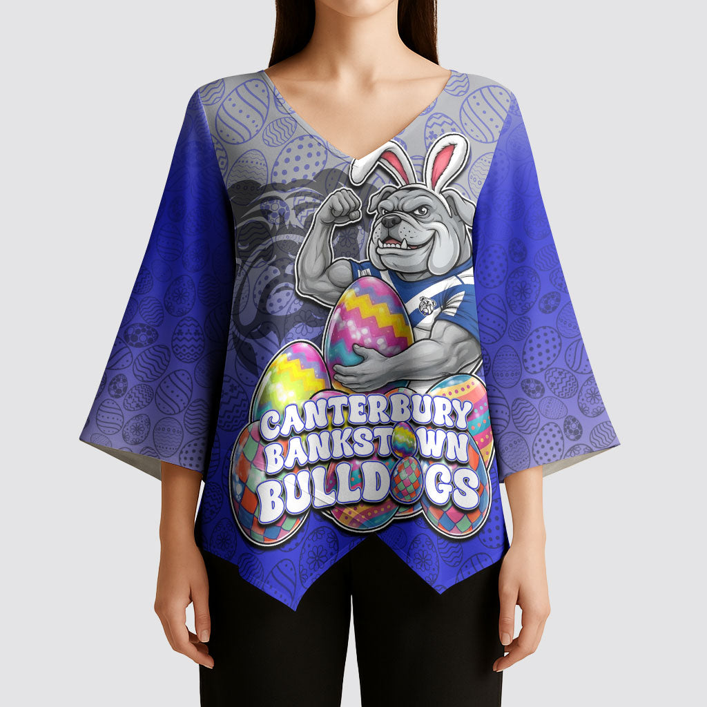 Personalized Canterbury-Bankstown Bulldogs Kimono Sleeve Blouse Easter Mascot - Colorful Eggs Cartoon Style