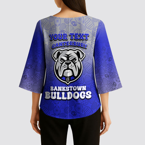 Personalized Canterbury-Bankstown Bulldogs Kimono Sleeve Blouse Easter Mascot - Colorful Eggs Cartoon Style