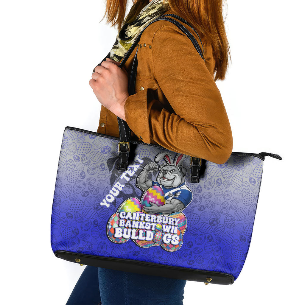 Personalized Canterbury-Bankstown Bulldogs Leather Tote Bag Easter Mascot - Colorful Eggs Cartoon Style