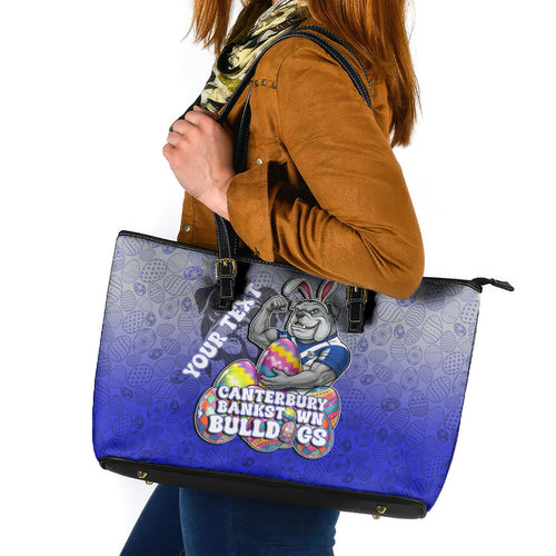 Personalized Canterbury-Bankstown Bulldogs Leather Tote Bag Easter Mascot - Colorful Eggs Cartoon Style