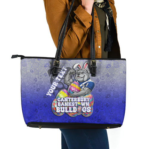 Personalized Canterbury-Bankstown Bulldogs Leather Tote Bag Easter Mascot - Colorful Eggs Cartoon Style
