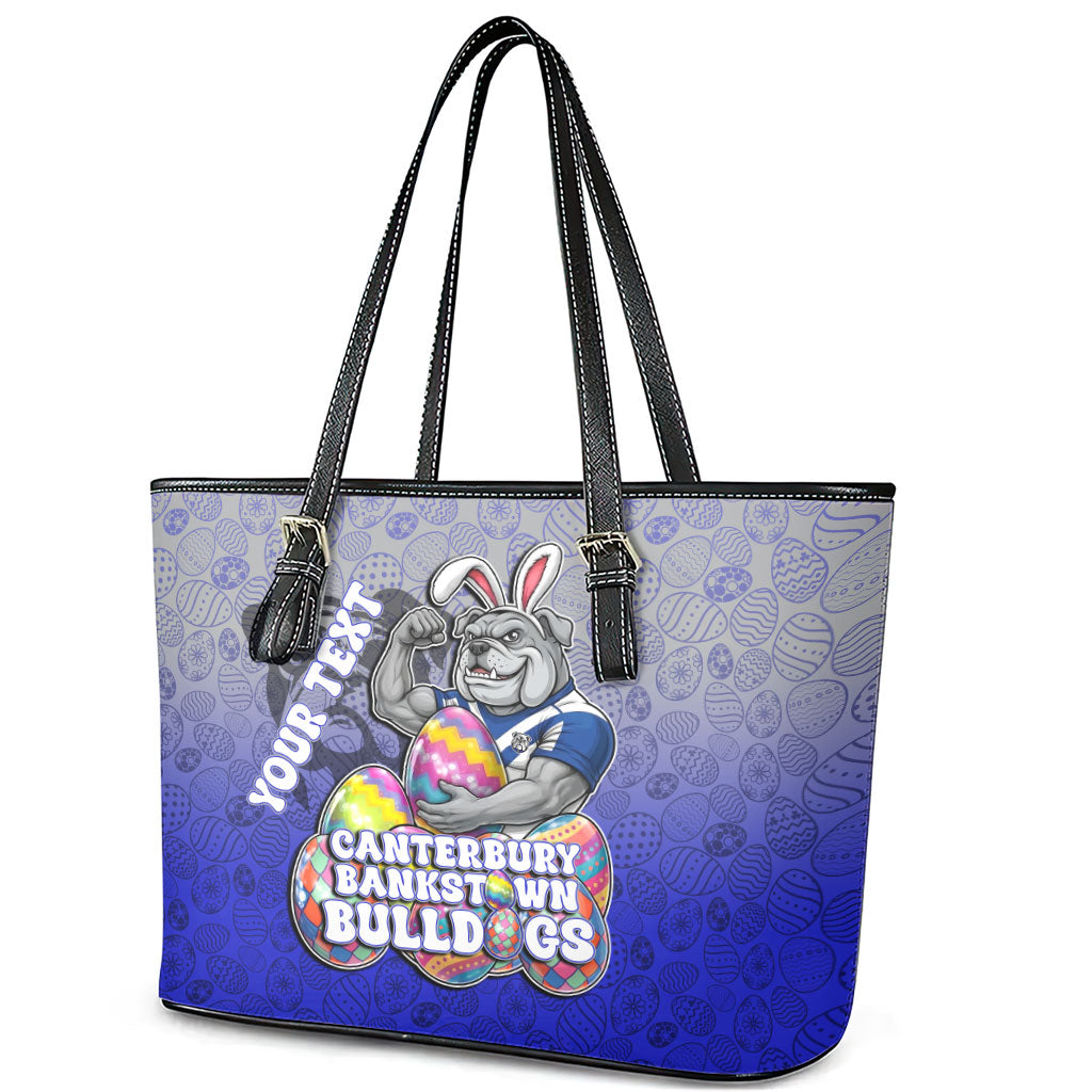 Personalized Canterbury-Bankstown Bulldogs Leather Tote Bag Easter Mascot - Colorful Eggs Cartoon Style