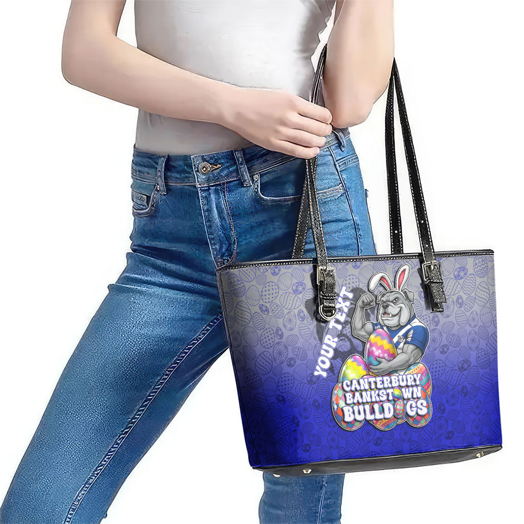 Personalized Canterbury-Bankstown Bulldogs Leather Tote Bag Easter Mascot - Colorful Eggs Cartoon Style