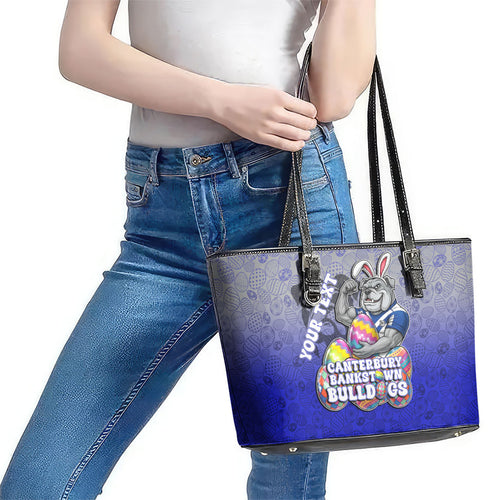 Personalized Canterbury-Bankstown Bulldogs Leather Tote Bag Easter Mascot - Colorful Eggs Cartoon Style