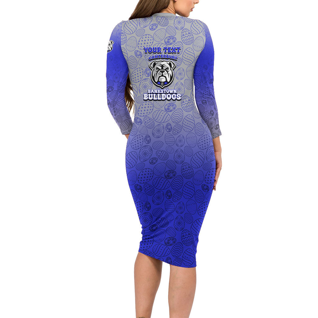 Personalized Canterbury-Bankstown Bulldogs Long Sleeve Bodycon Dress Easter Mascot - Colorful Eggs Cartoon Style