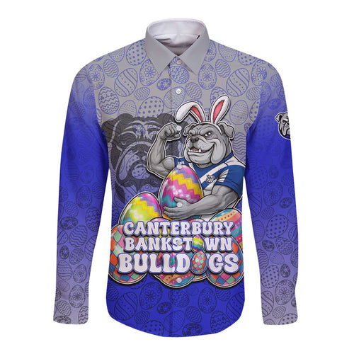 Personalized Canterbury-Bankstown Bulldogs Long Sleeve Button Shirt Easter Mascot - Colorful Eggs Cartoon Style