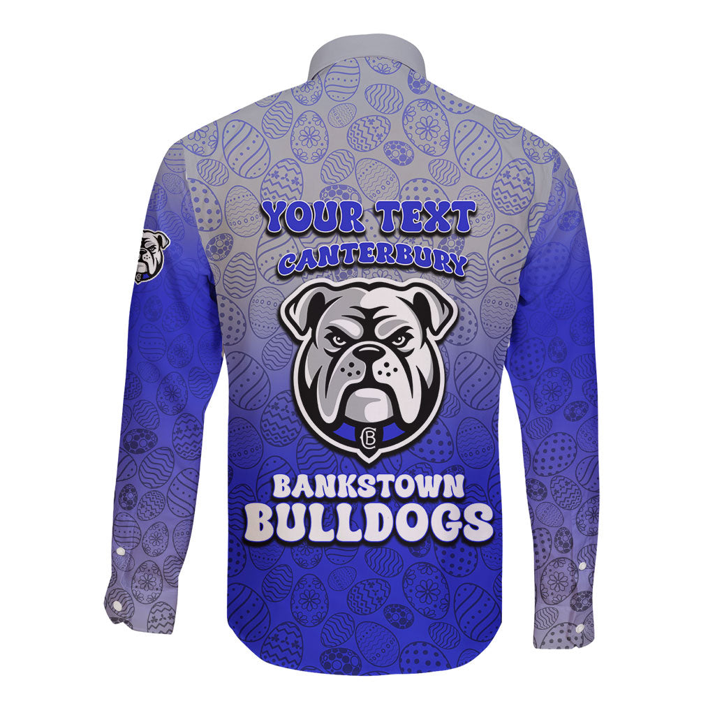 Personalized Canterbury-Bankstown Bulldogs Long Sleeve Button Shirt Easter Mascot - Colorful Eggs Cartoon Style