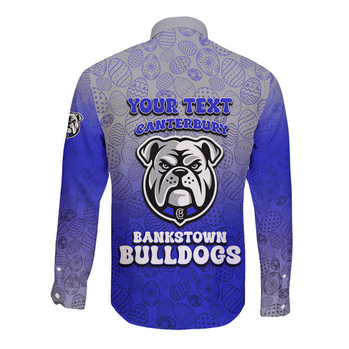 Personalized Canterbury-Bankstown Bulldogs Long Sleeve Button Shirt Easter Mascot - Colorful Eggs Cartoon Style