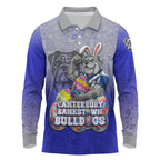 Personalized Canterbury-Bankstown Bulldogs Long Sleeve Polo Shirt Easter Mascot - Colorful Eggs Cartoon Style