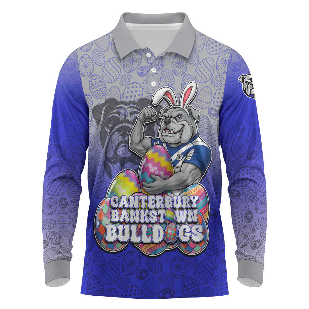 Personalized Canterbury-Bankstown Bulldogs Long Sleeve Polo Shirt Easter Mascot - Colorful Eggs Cartoon Style