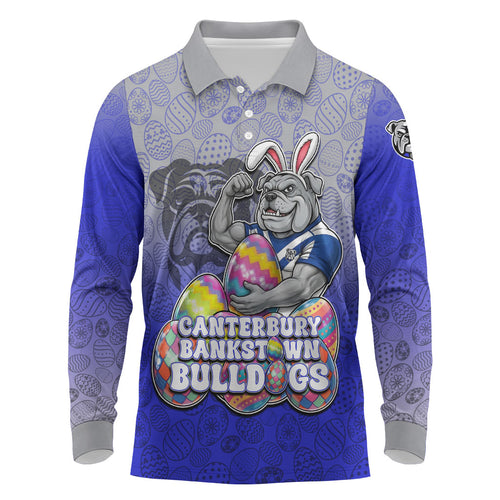Personalized Canterbury-Bankstown Bulldogs Long Sleeve Polo Shirt Easter Mascot - Colorful Eggs Cartoon Style