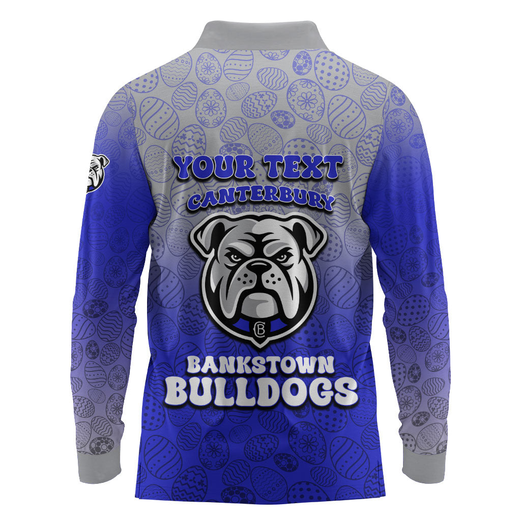 Personalized Canterbury-Bankstown Bulldogs Long Sleeve Polo Shirt Easter Mascot - Colorful Eggs Cartoon Style