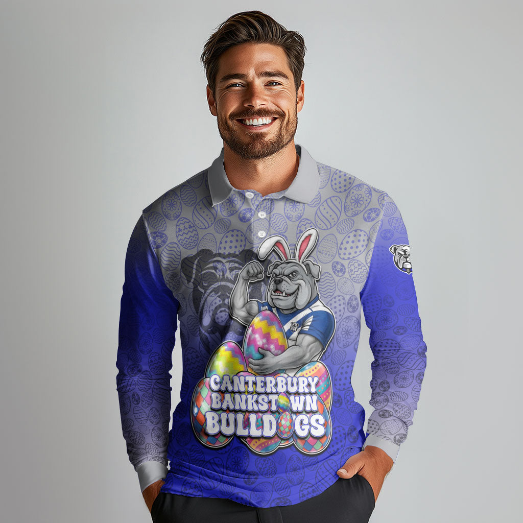 Personalized Canterbury-Bankstown Bulldogs Long Sleeve Polo Shirt Easter Mascot - Colorful Eggs Cartoon Style