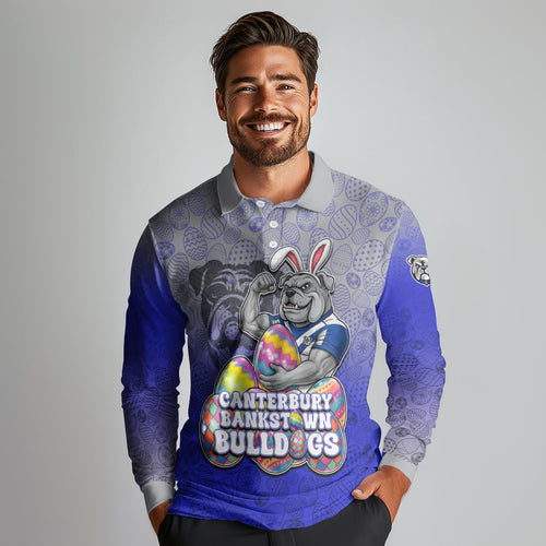 Personalized Canterbury-Bankstown Bulldogs Long Sleeve Polo Shirt Easter Mascot - Colorful Eggs Cartoon Style