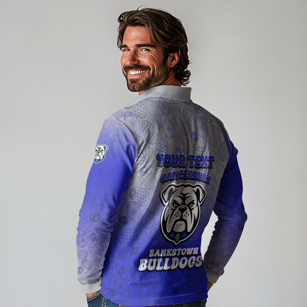 Personalized Canterbury-Bankstown Bulldogs Long Sleeve Polo Shirt Easter Mascot - Colorful Eggs Cartoon Style