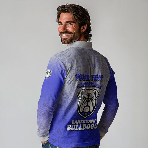 Personalized Canterbury-Bankstown Bulldogs Long Sleeve Polo Shirt Easter Mascot - Colorful Eggs Cartoon Style