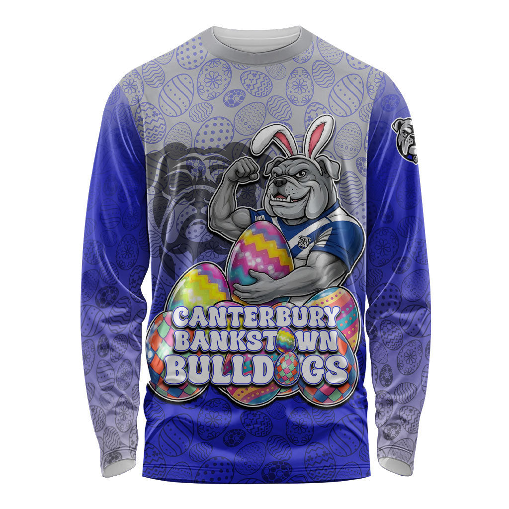 Personalized Canterbury-Bankstown Bulldogs Long Sleeve Shirt Easter Mascot - Colorful Eggs Cartoon Style